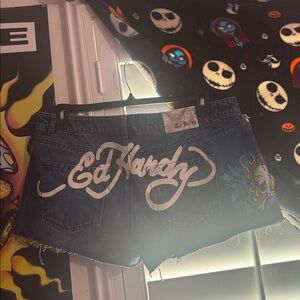 Ed Hardy Dark Blue Jean Shorts with Distressed Hem